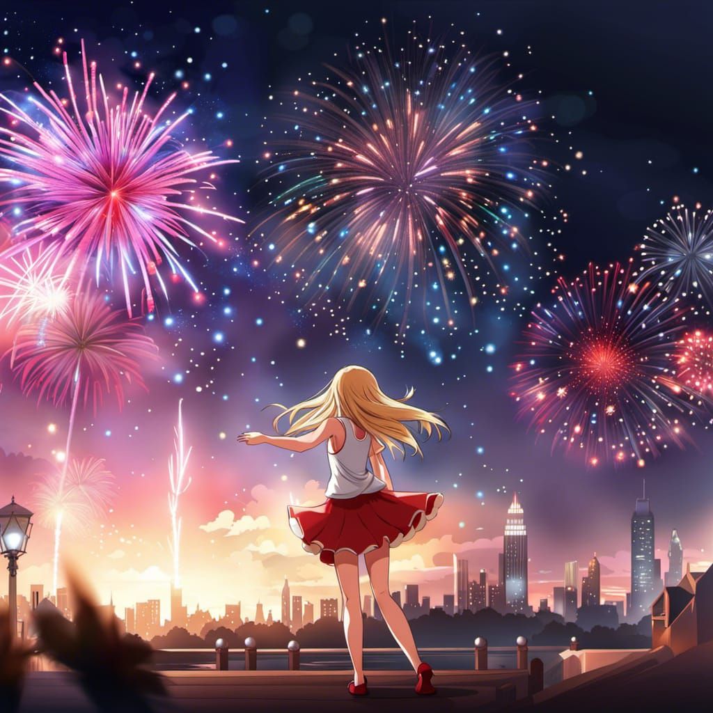 Anime Girl Dancing in Fireworks Night Sky