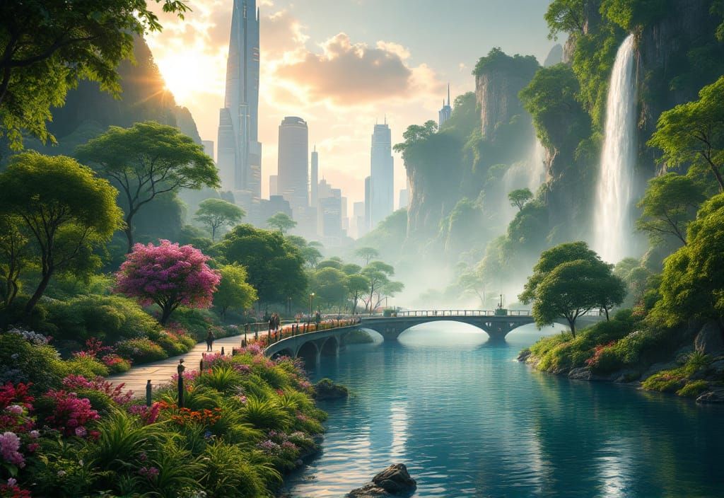Utopian City Park with Waterfall at Magic Hour