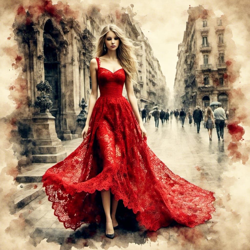 Elegant Woman in Red Lace, Antique Watercolor Style