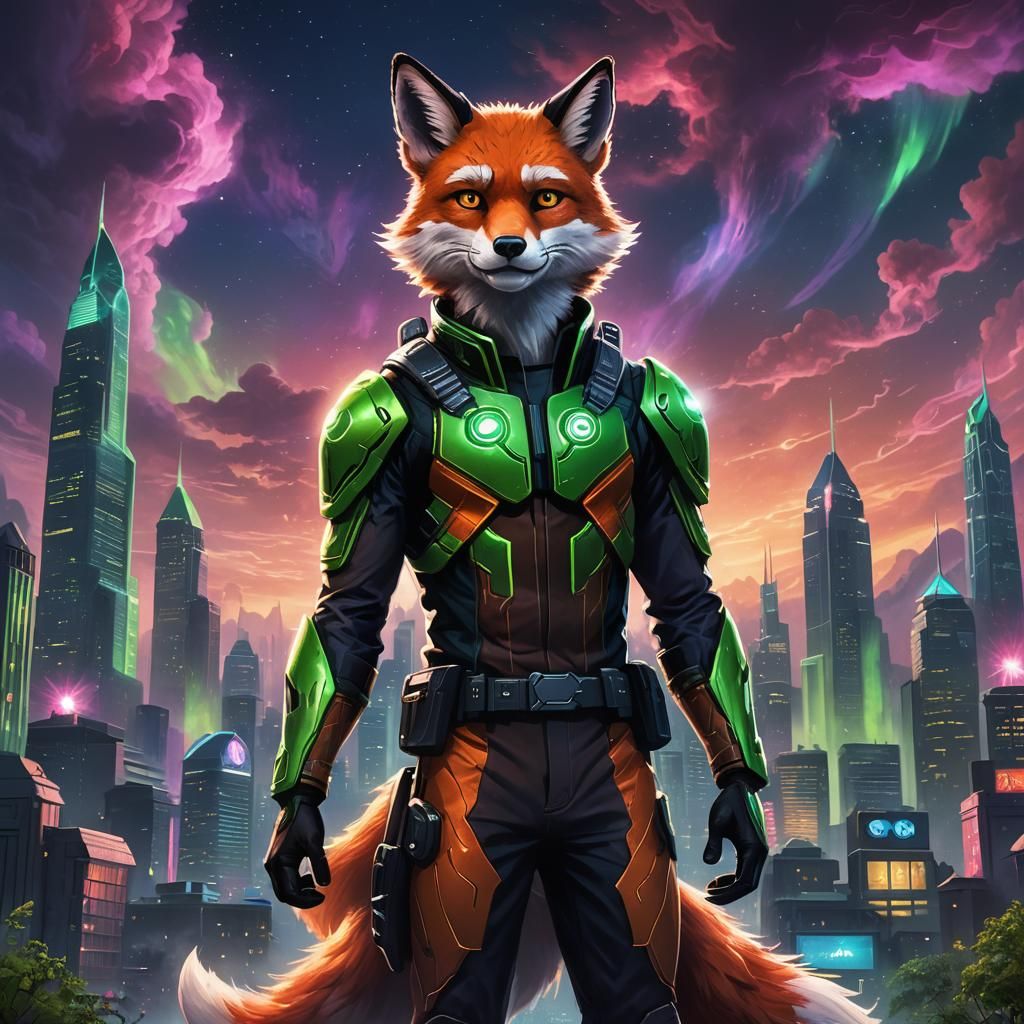 Humanoid Fox Hero in a Sci-Fi City