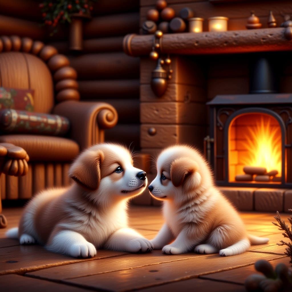 Puppy by Fireplace in Cozy Cabin