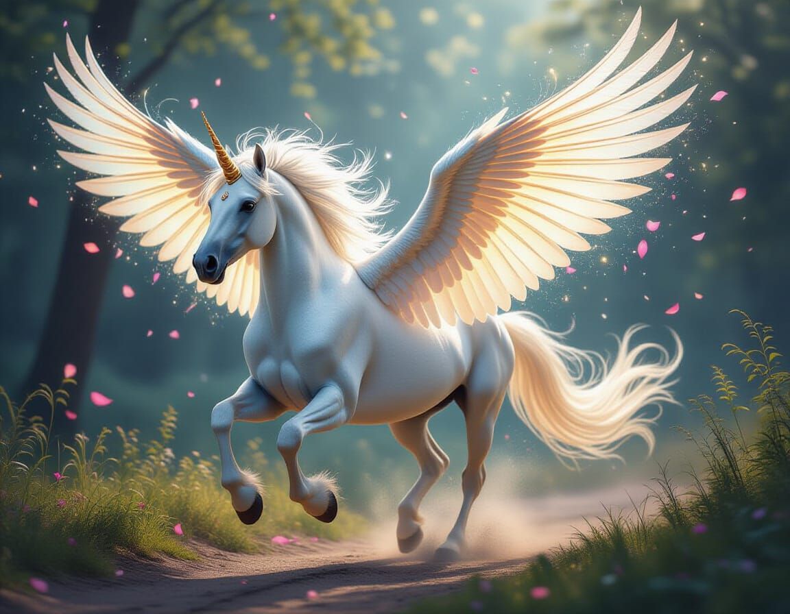 Winged Horse with Peacock Feathers in Fantasy Style