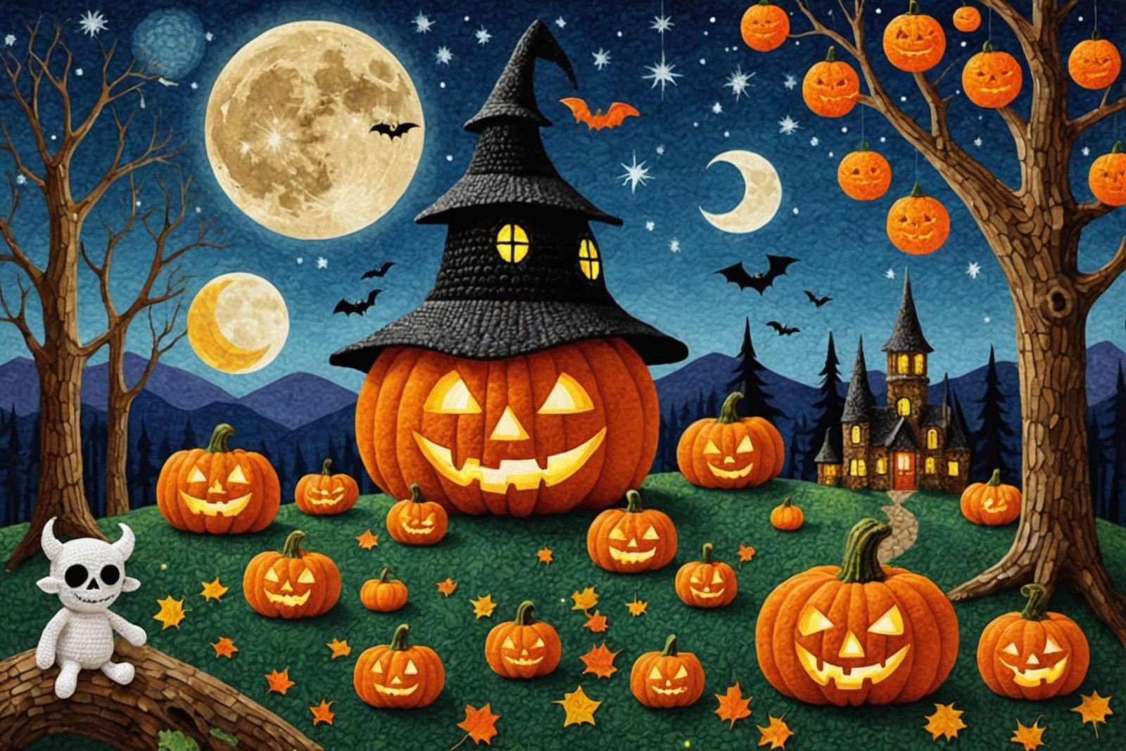 Whimsical Crochet Devil Halloween Under Starry Sky