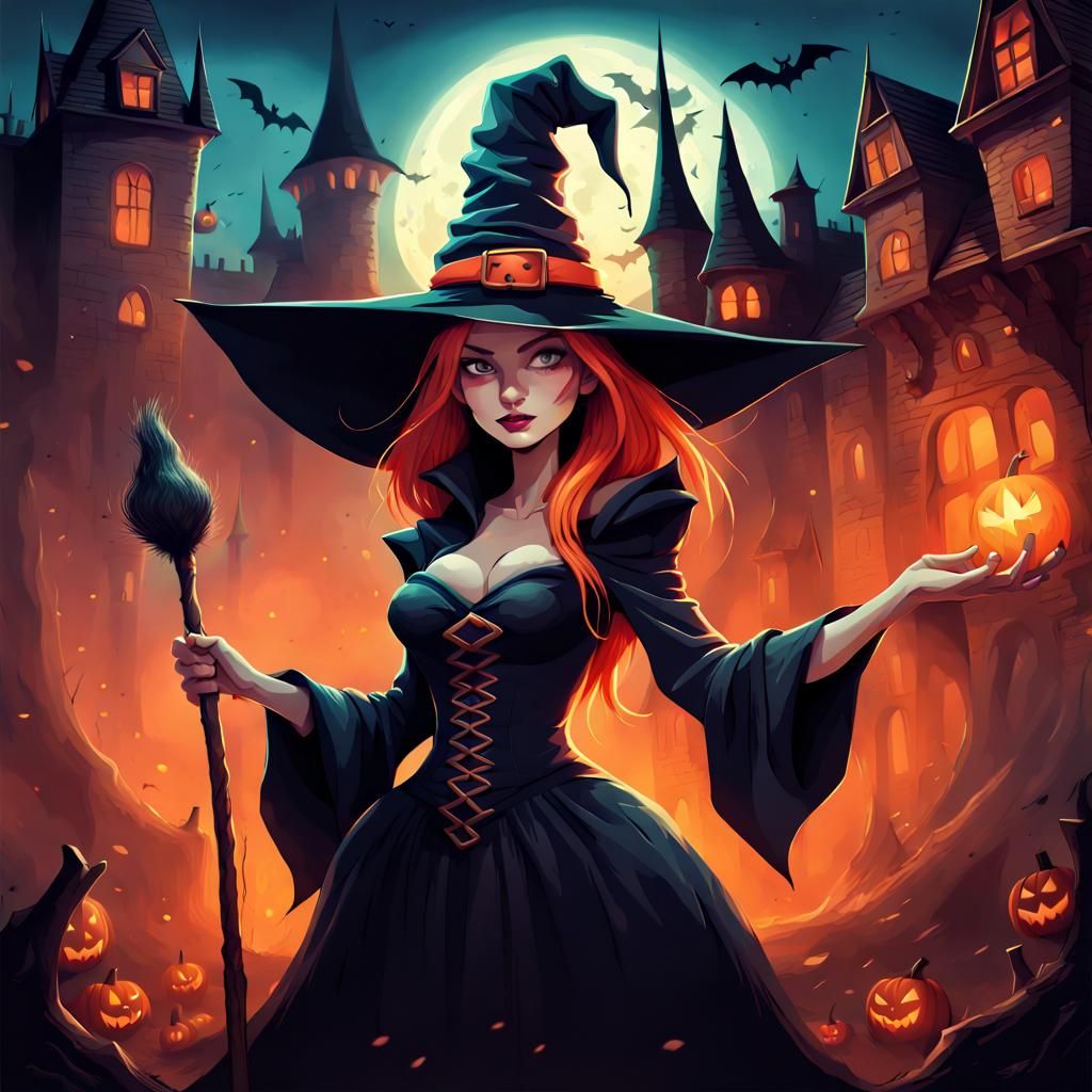 Witch with Wand in Halloween Digital Art Style