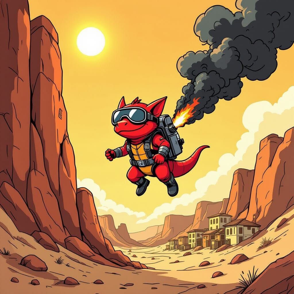 Red Kobold With Jetpack In Arid Town Comic Style