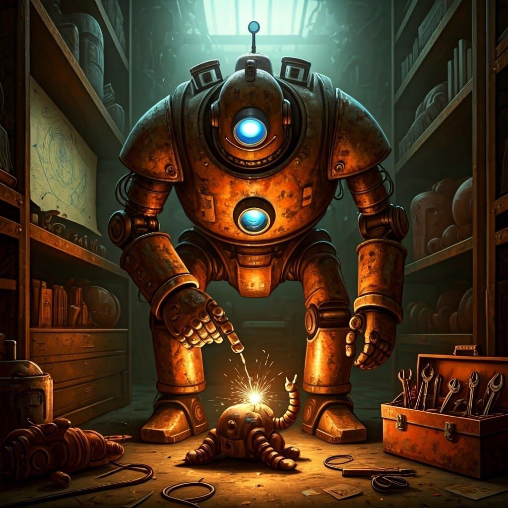 Old Robot Repairs Friend in Workshop, Industrial Futurism