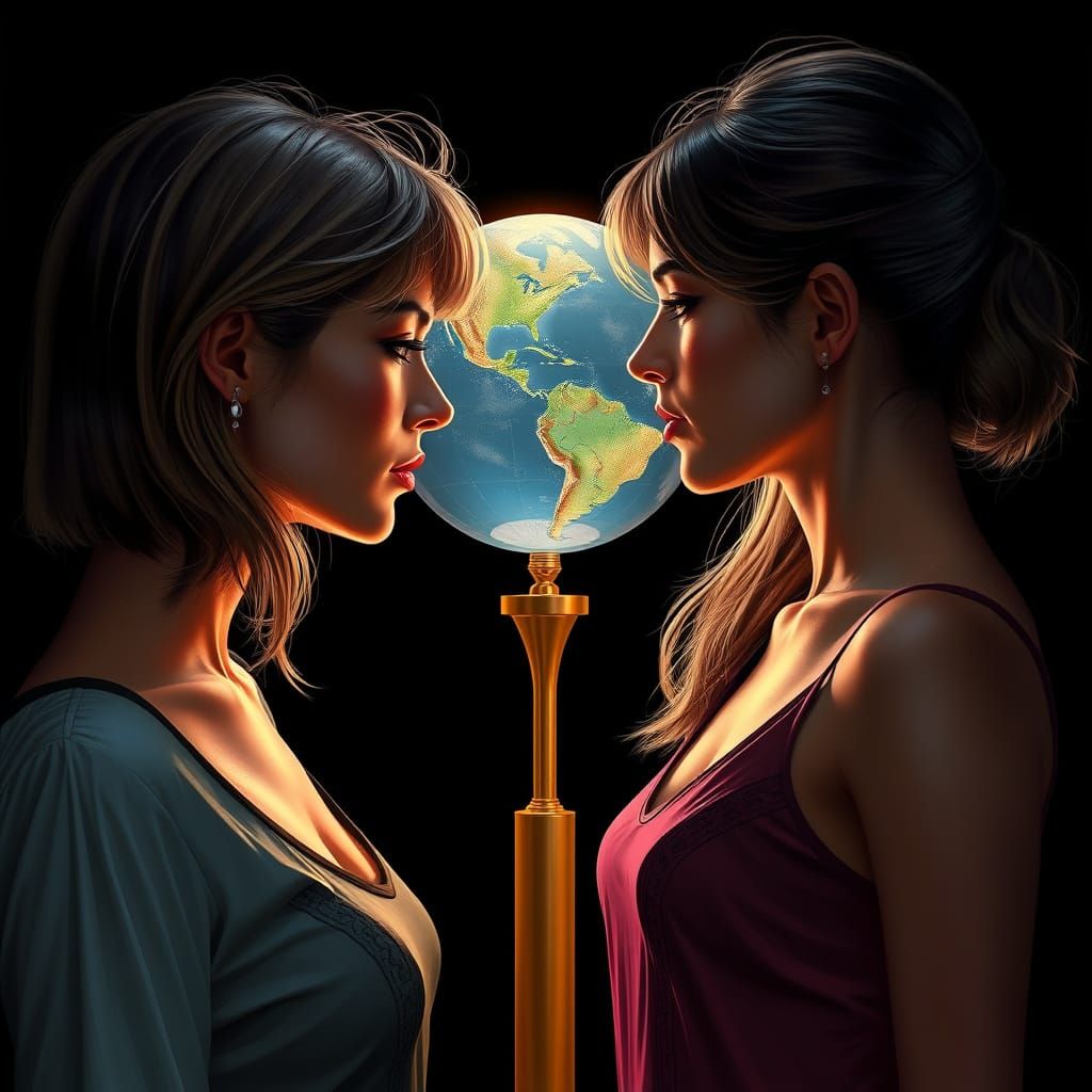 Women Gazing at Illuminated Globe in Sci-Fi Style