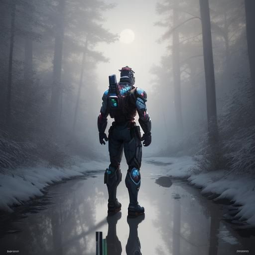 Hi-Tech Soldier in Winter Forest, Candy Art Style