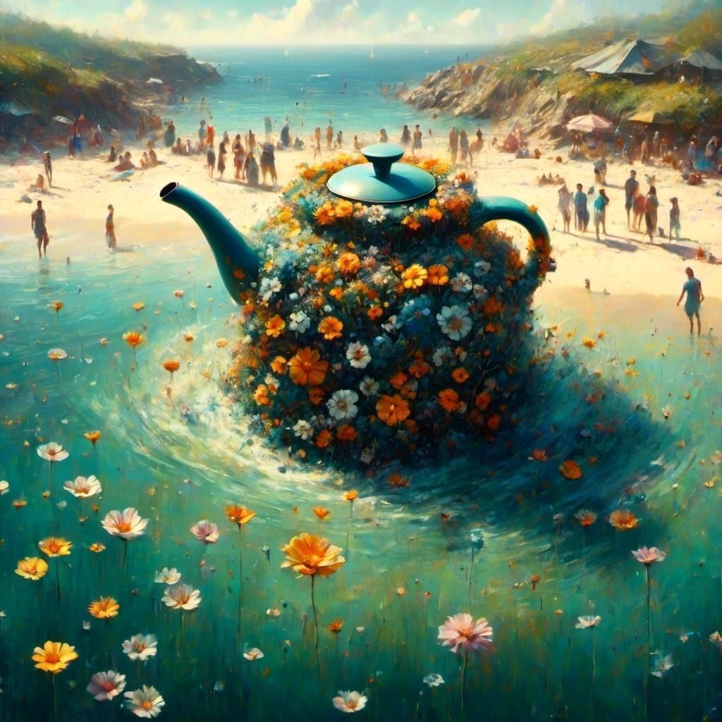 Floral Teapot Emerges from Sea, Painterly Style