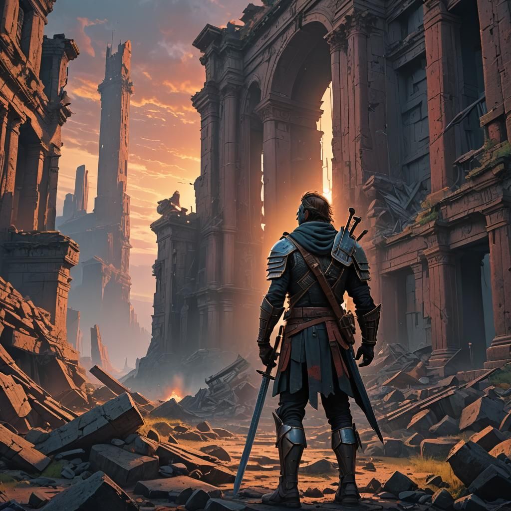 Heroic Warrior in Ruined City: Digital Matte Painting