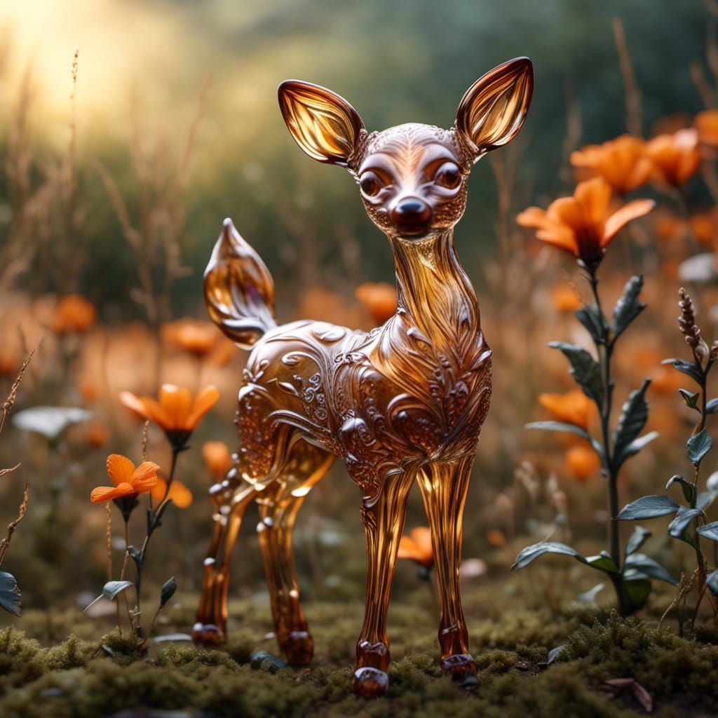 Intricate Glass Fawn in Field, Hyperrealistic Style
