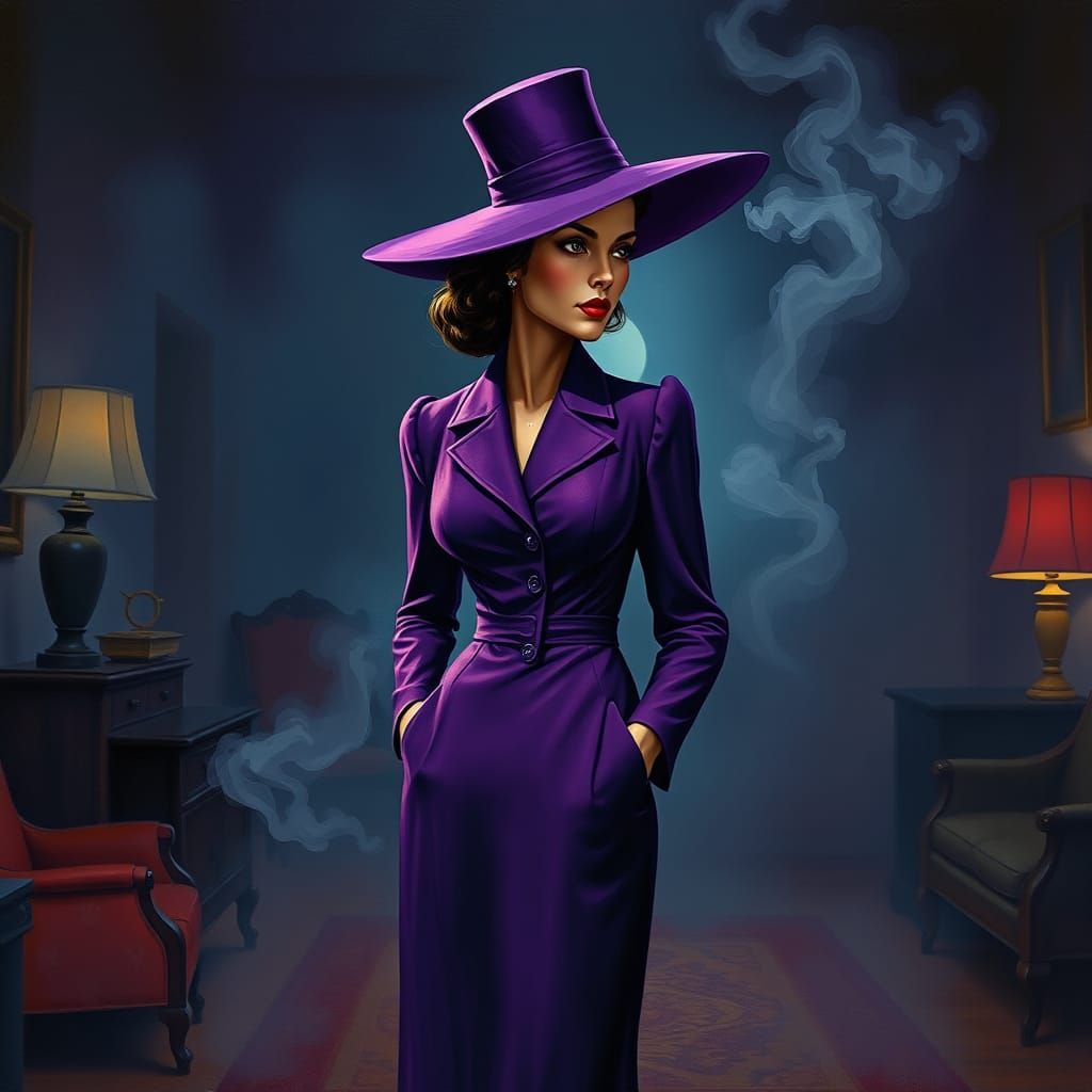 Film Noir Woman in Purple, Surrealist Style