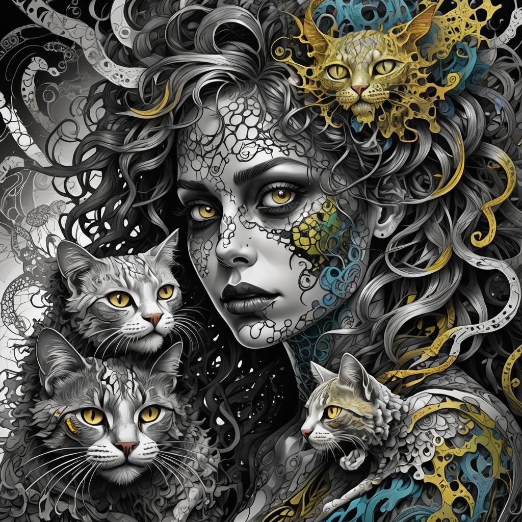 Zombie Woman with Cat in Glitch Art Style