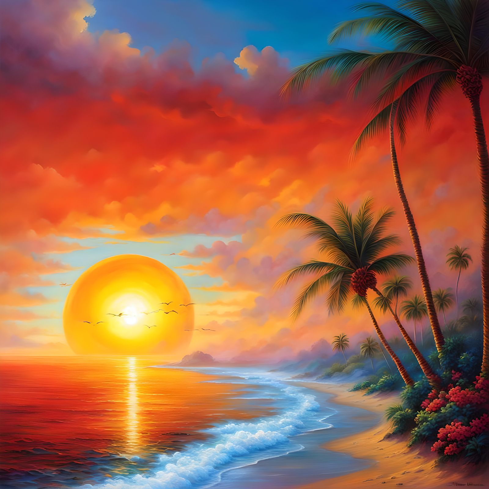 Tropical Sunset Beach Scene in Ethereal Style