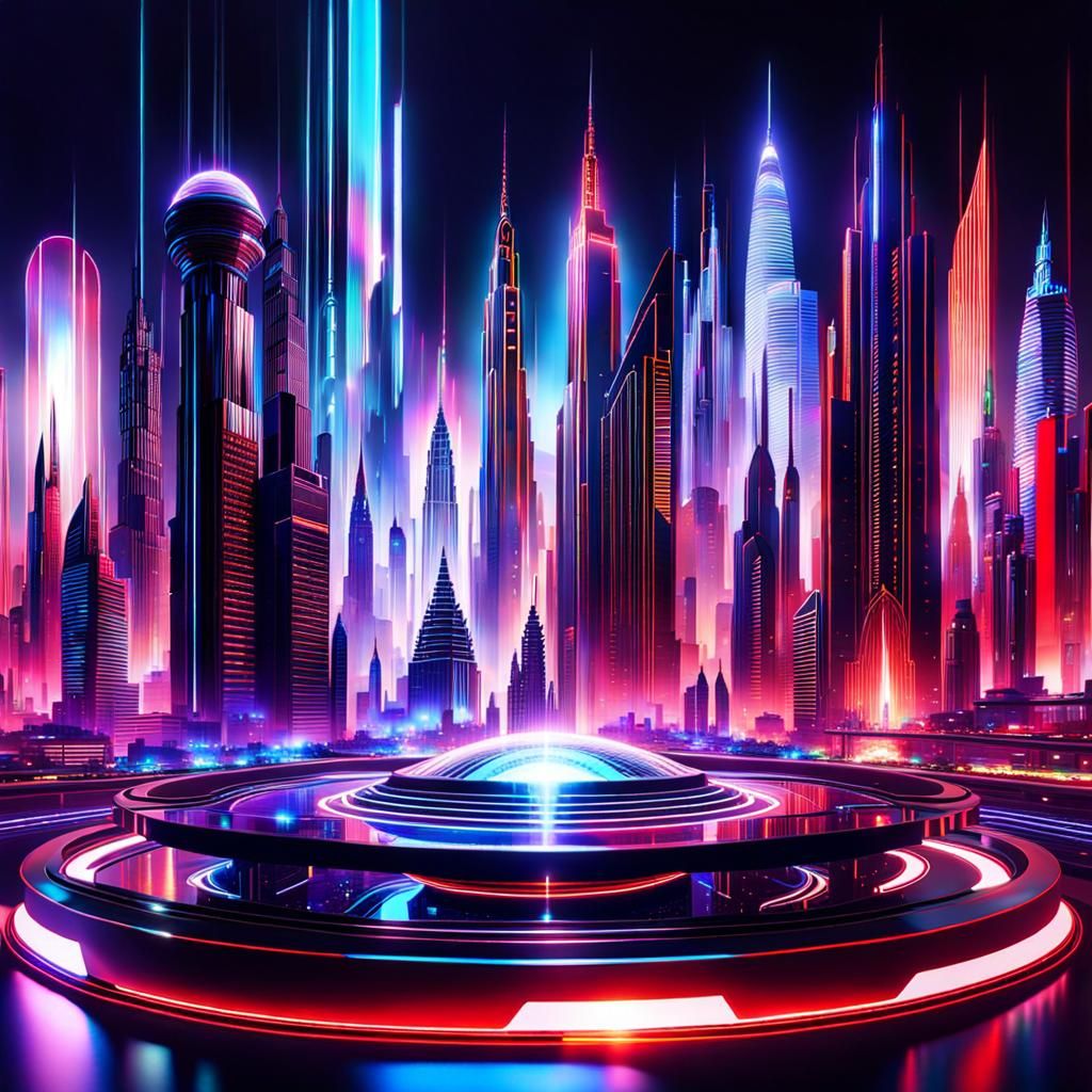 Futuristic Cityscape Holographic Projection in Biopunk Style