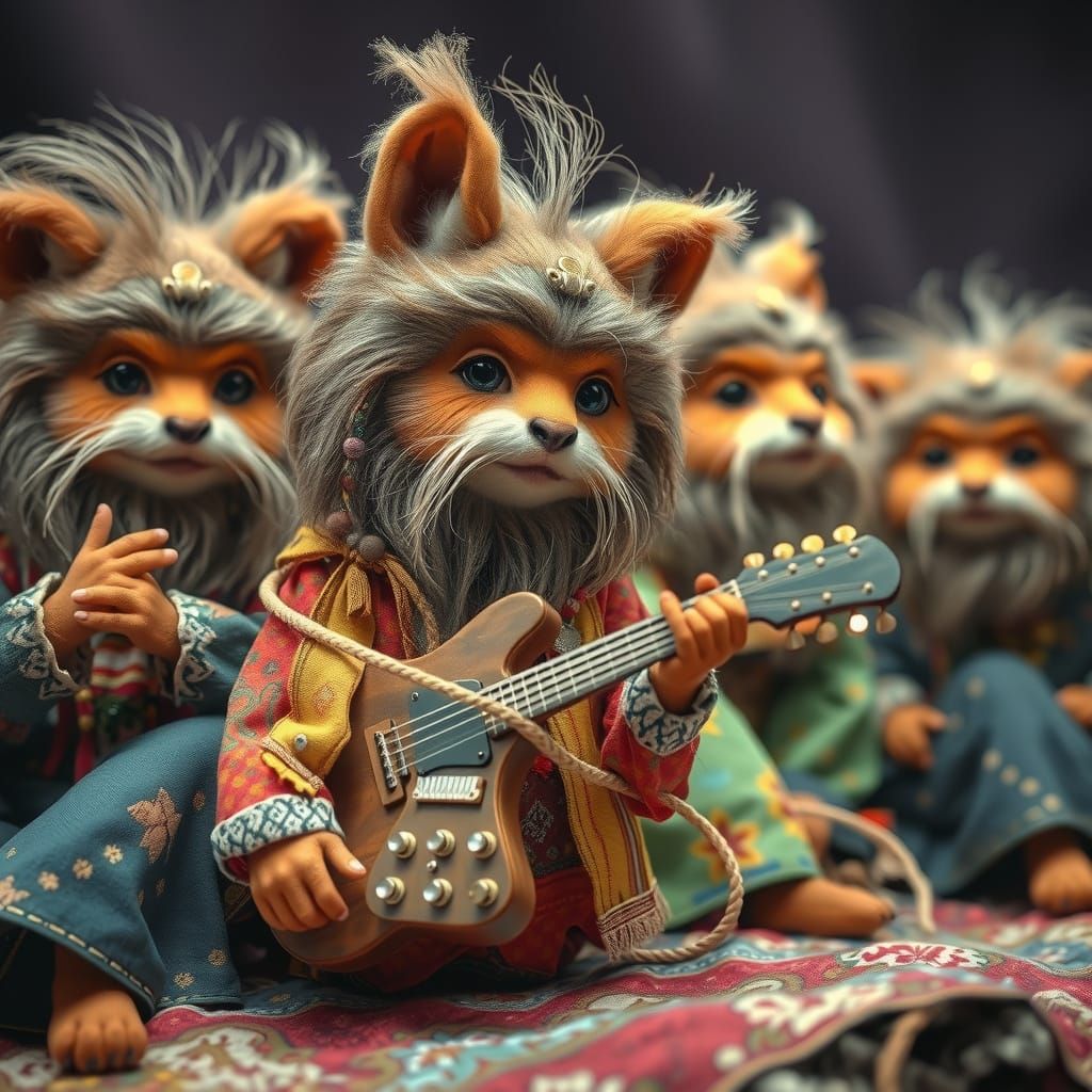 Anthropomorphic Quokka Rock Band in 70s Style
