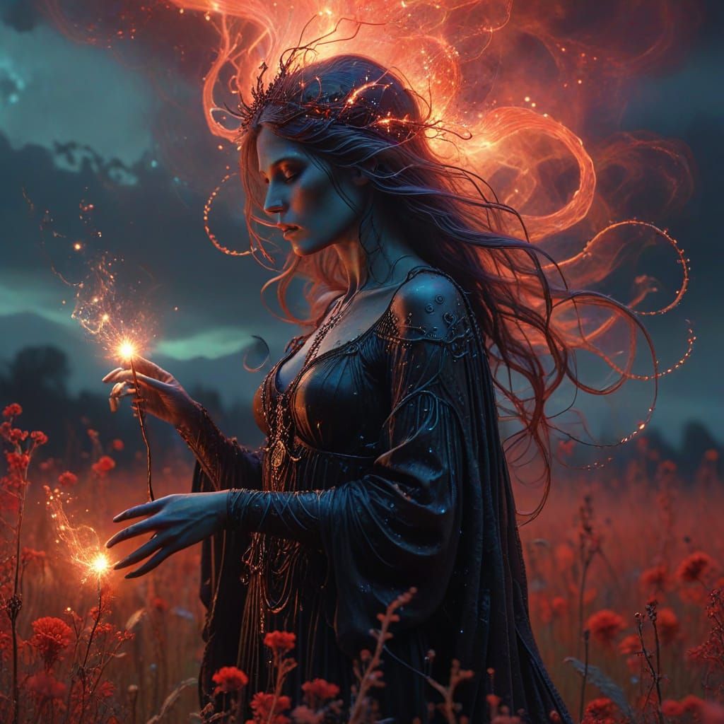 Witch Casting Spell in Art Nouveau Style