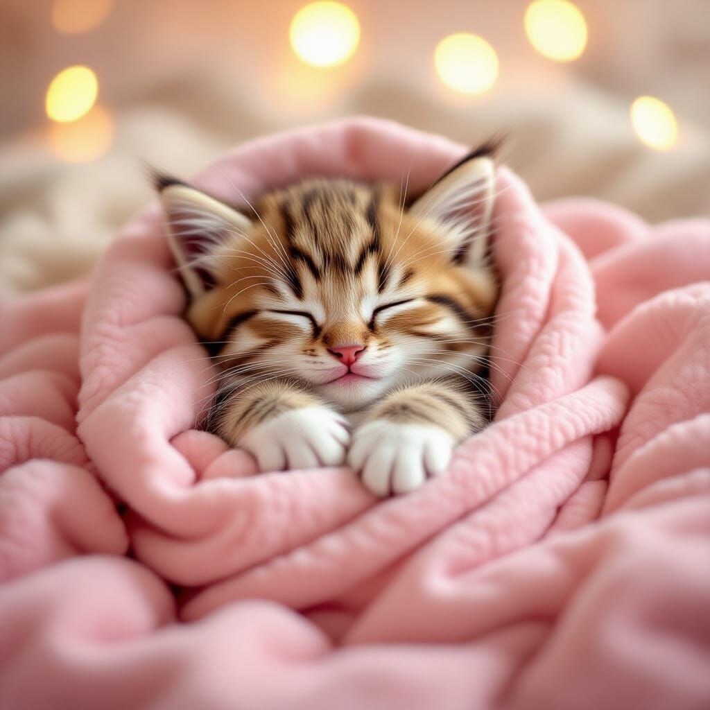Adorable Baby Kitten Sleeping in Pink Blanket