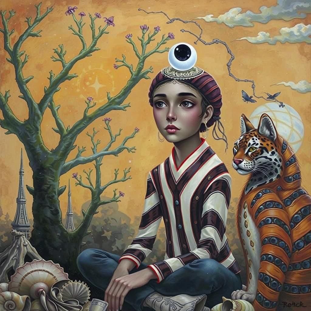 Figure with Tiger in Surrealist Landscape
