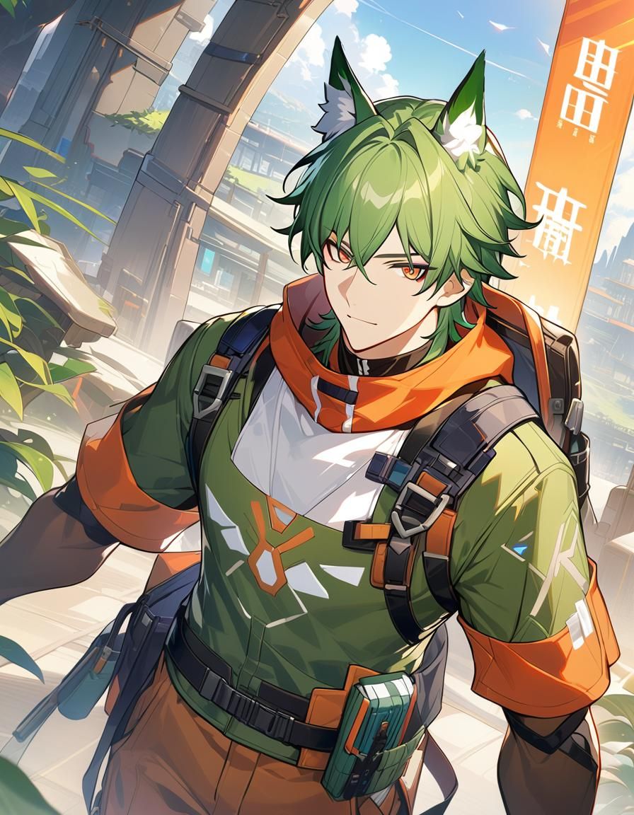 Bishonen Fox-Ear Hero in Futuristic Landscape