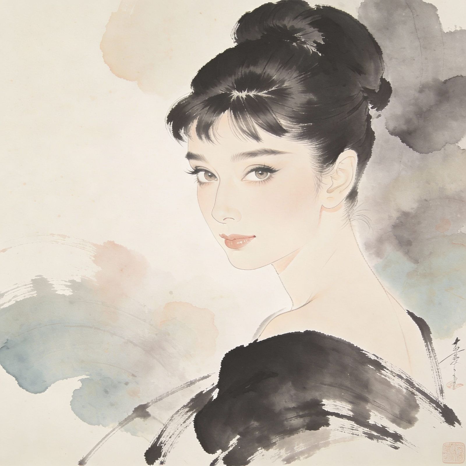 Audrey Hepburn Brush Painting in Elegant Pose
