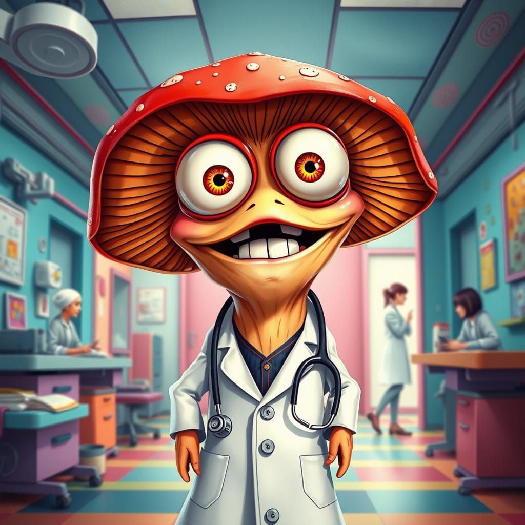 Whimsical Doctor Mushroom Creature in Vibrant Hospital Scene
