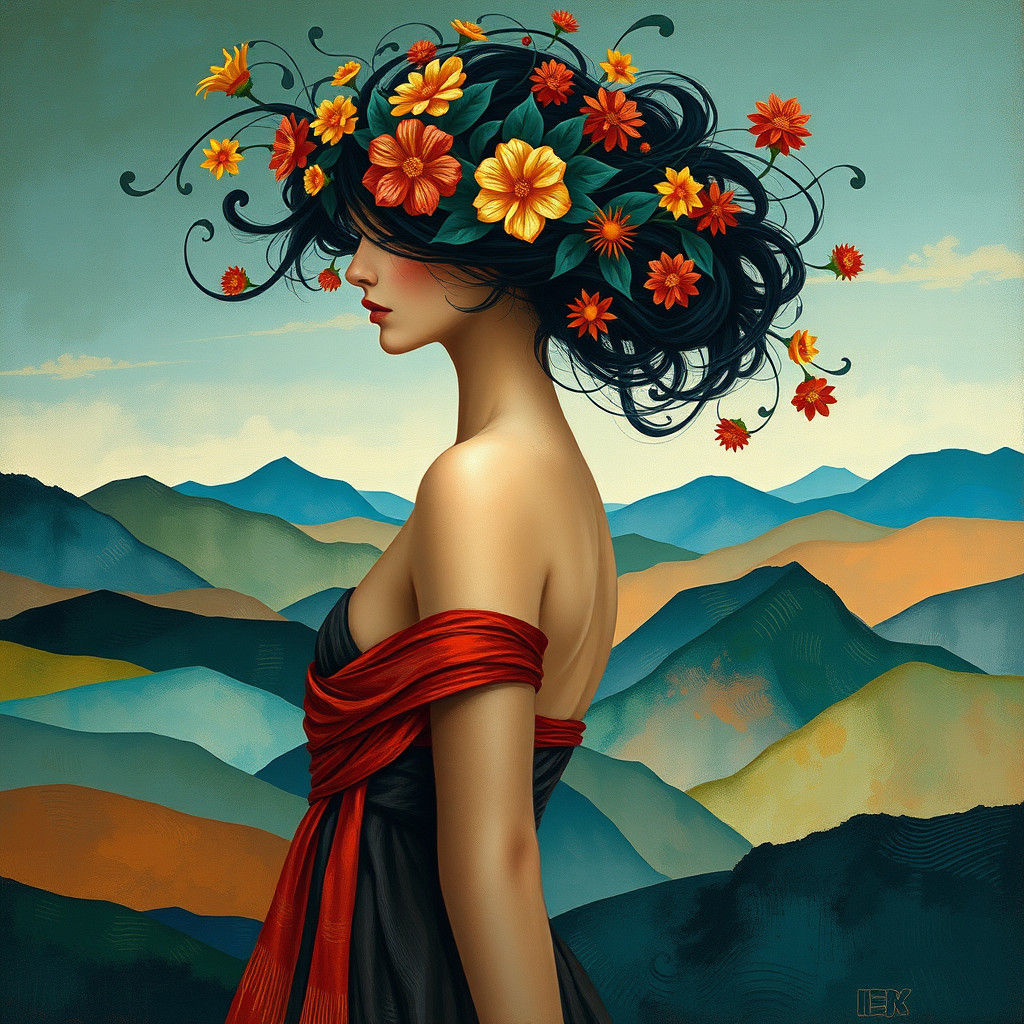 Art Nouveau Woman in Expressionist Landscape