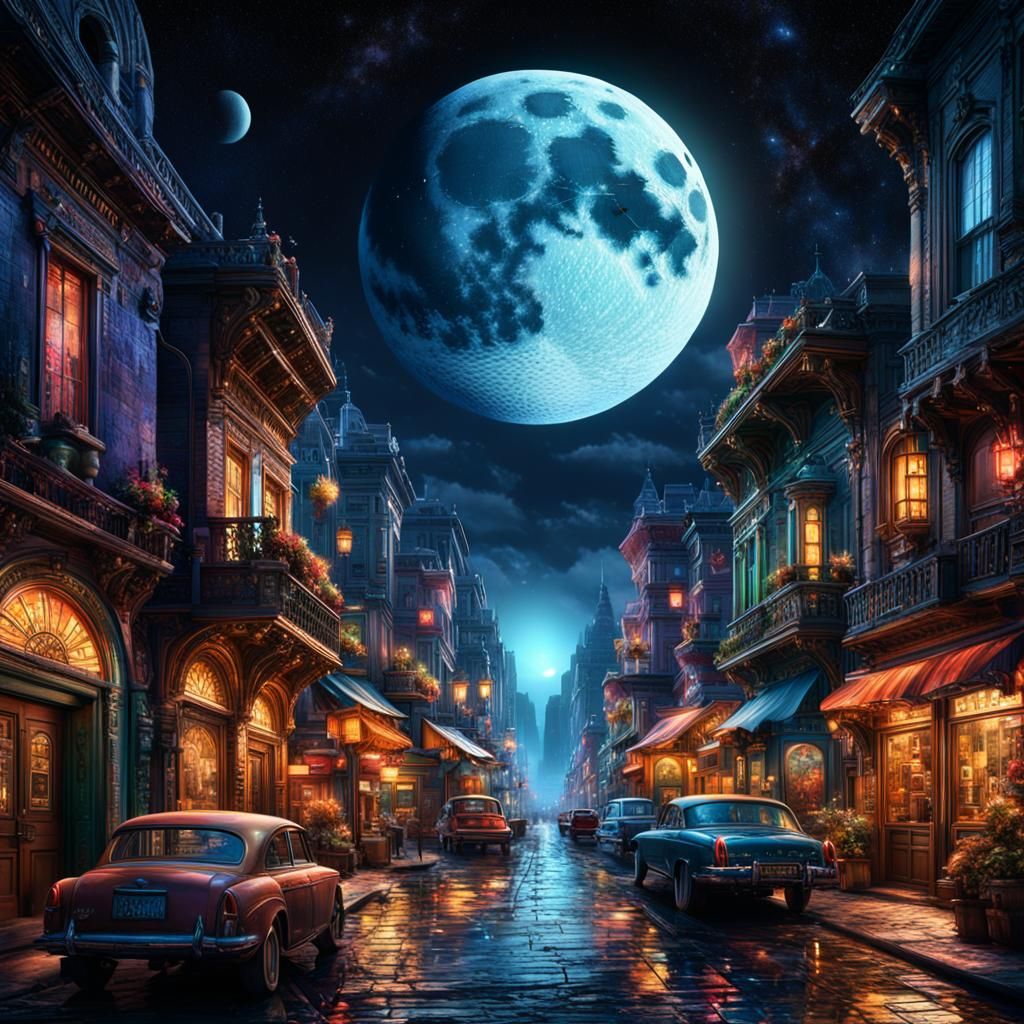 Colorful Midnight Quarter Moon: Digital Matte Painting