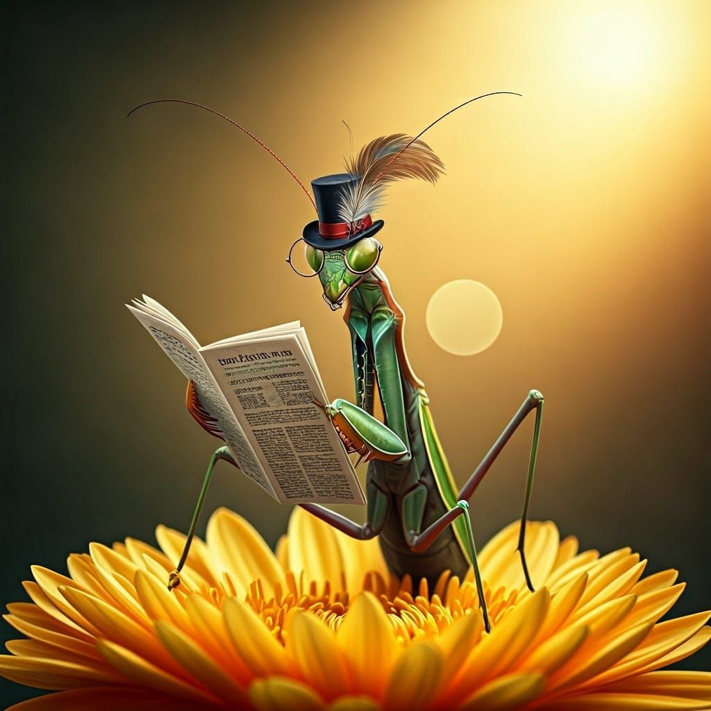Elegant Mantis Reading Newspaper in Whimsical Floral Setting