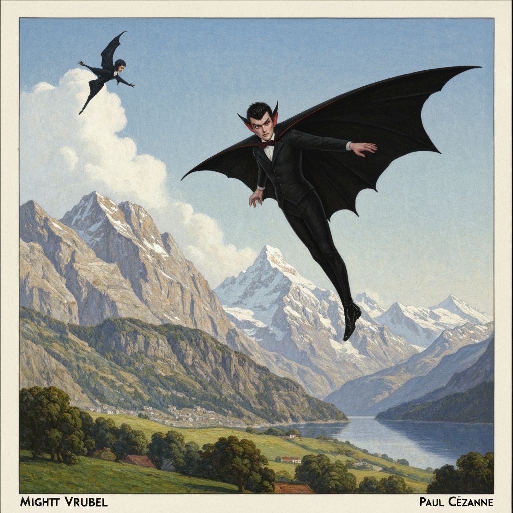Mighty Vampire Soars Over Swiss Alps in Vrubel Cezanne Style