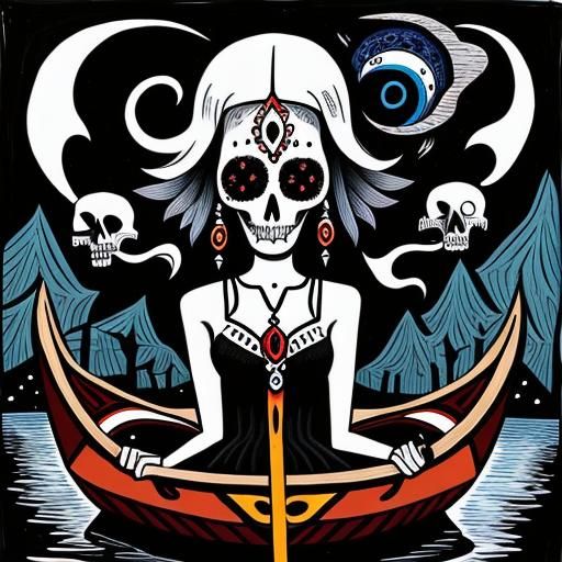 Charon Ferries Soul Across Styx in Folk Art Style