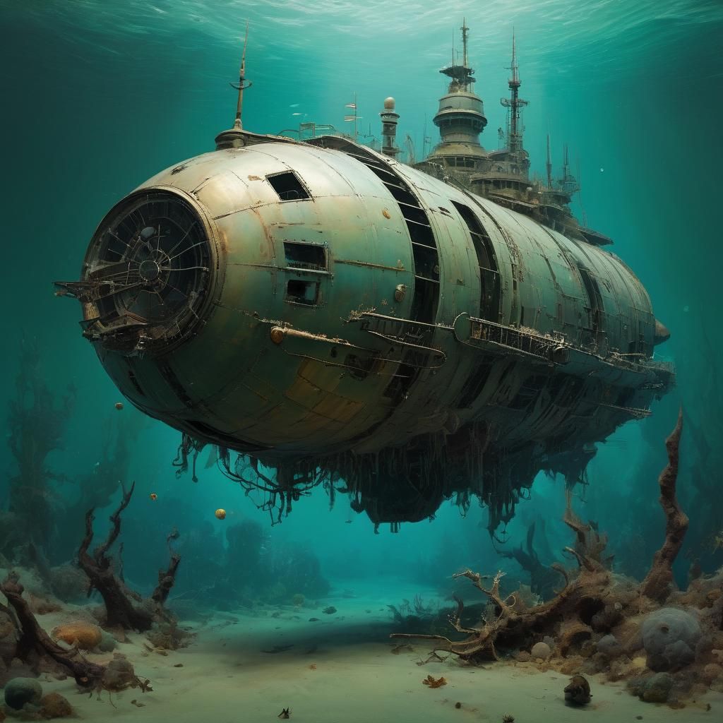 A Sunken Alien Spaceship in Vibrant Blues and Golds