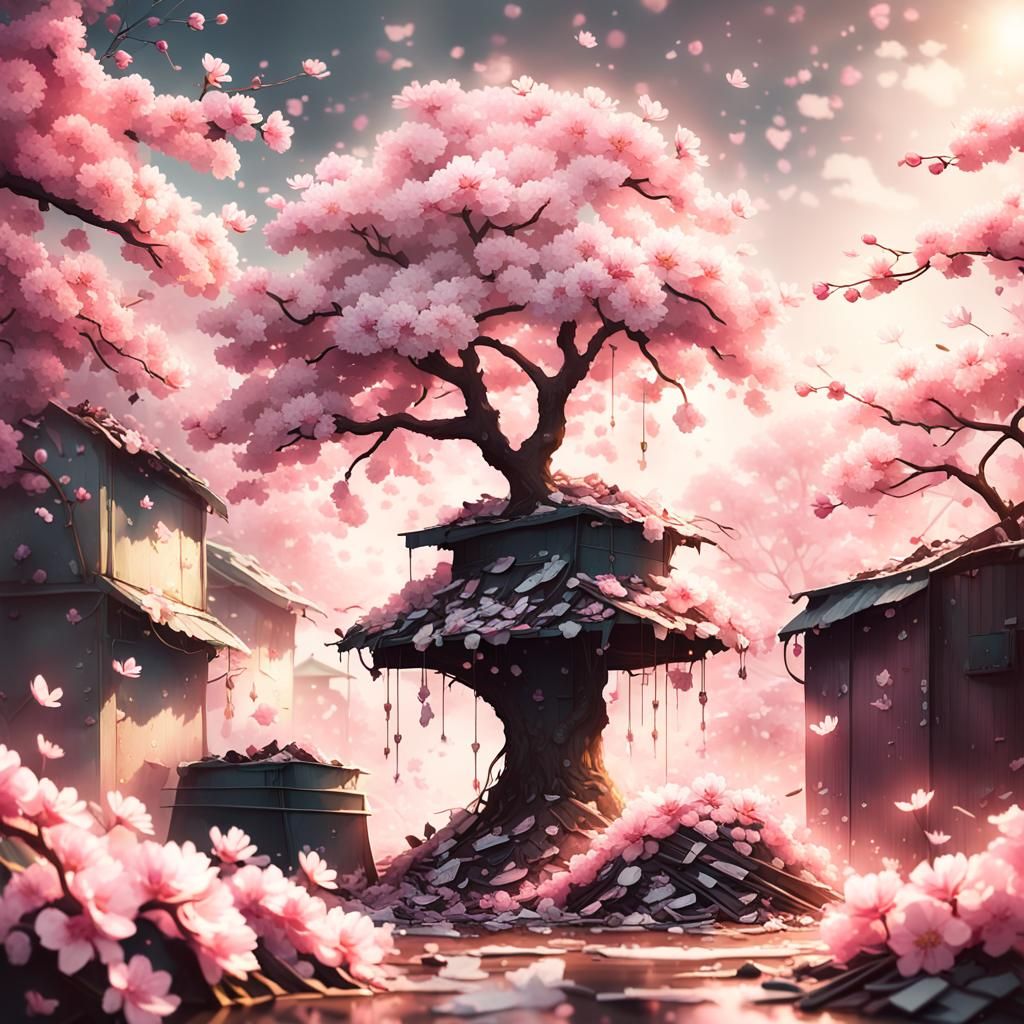 Cherry Blossom Tree in Waste: Environmental Concept Art