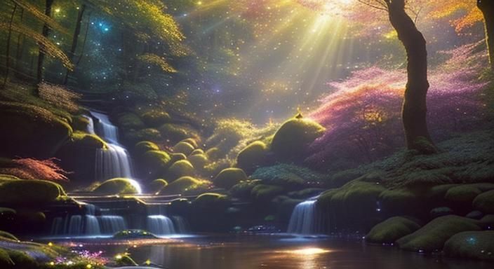 Fantasy Forest with Magic Mist and Glitter Sunlight