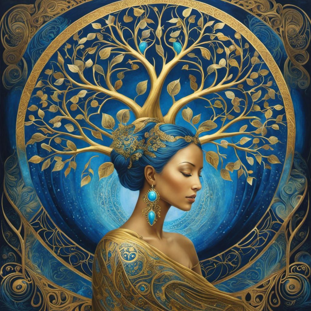 Radiant Blue and Gold Tree of Life