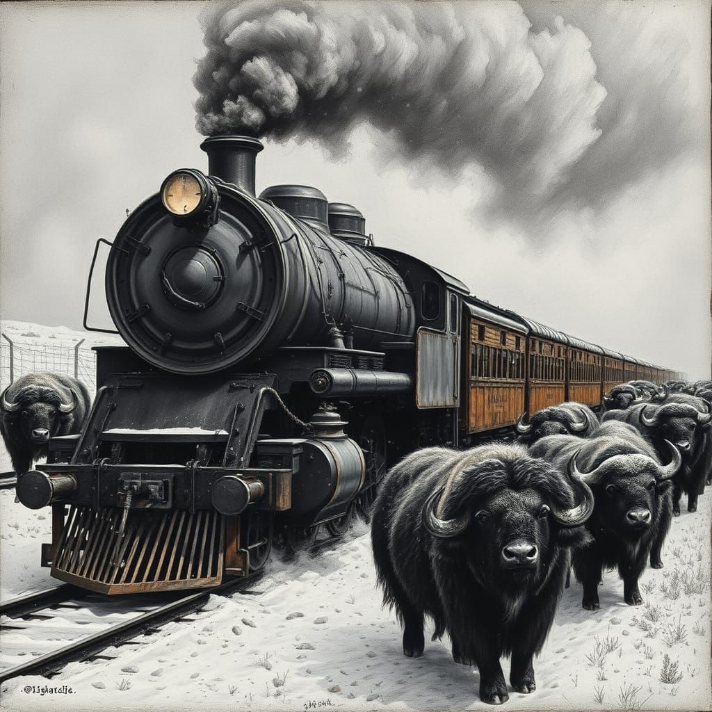 Majestic Old Steam Train in Winter Landscape with Buffaloes