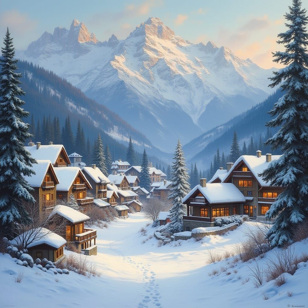 Snowy Alpine Village in Idyllic Winter Landscape