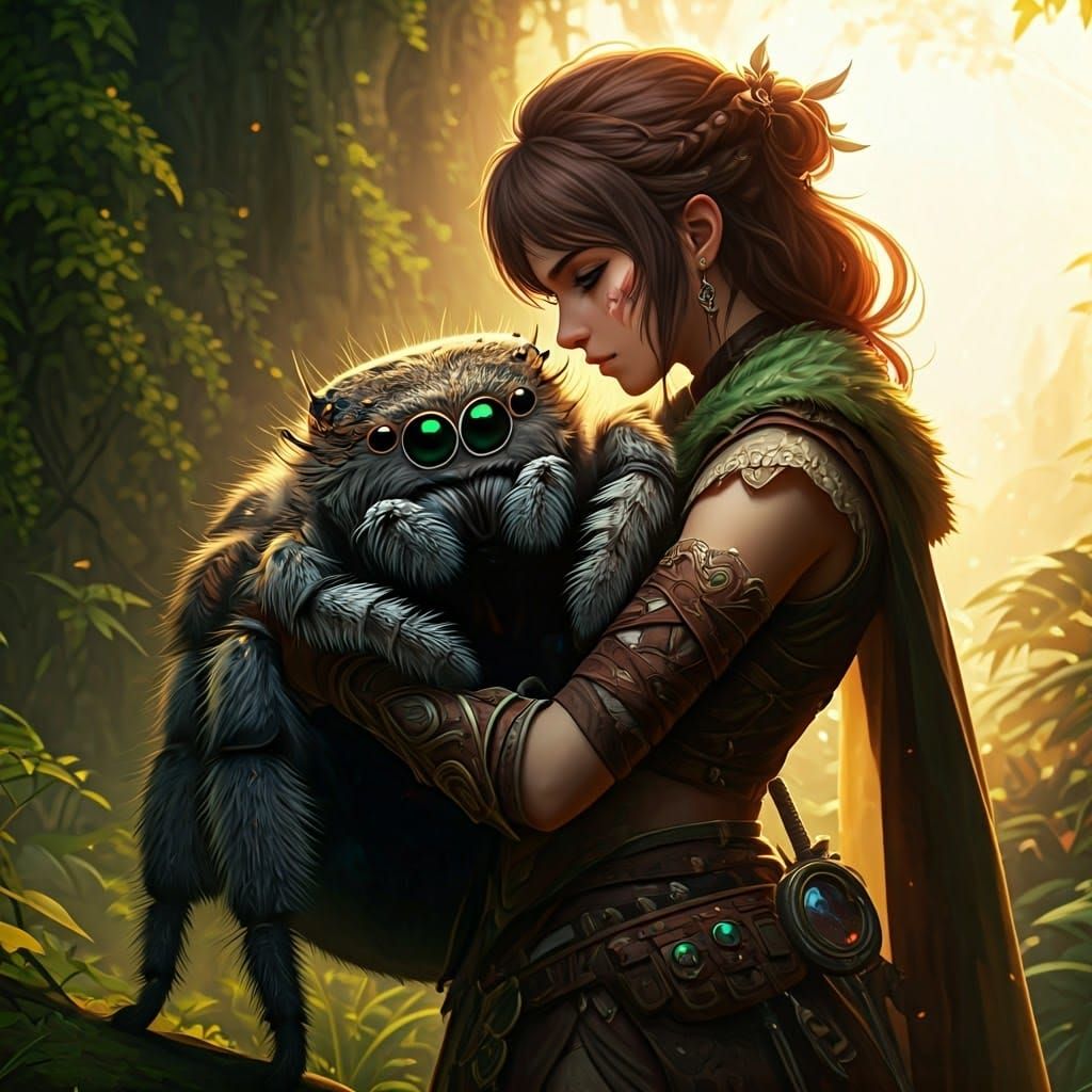 Fearless Adventurer and Jumping Spider in Lush Forest