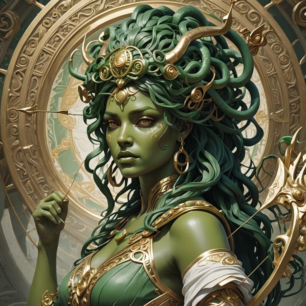 Green Medusa with Bow and Arrow, Detailed Portrait