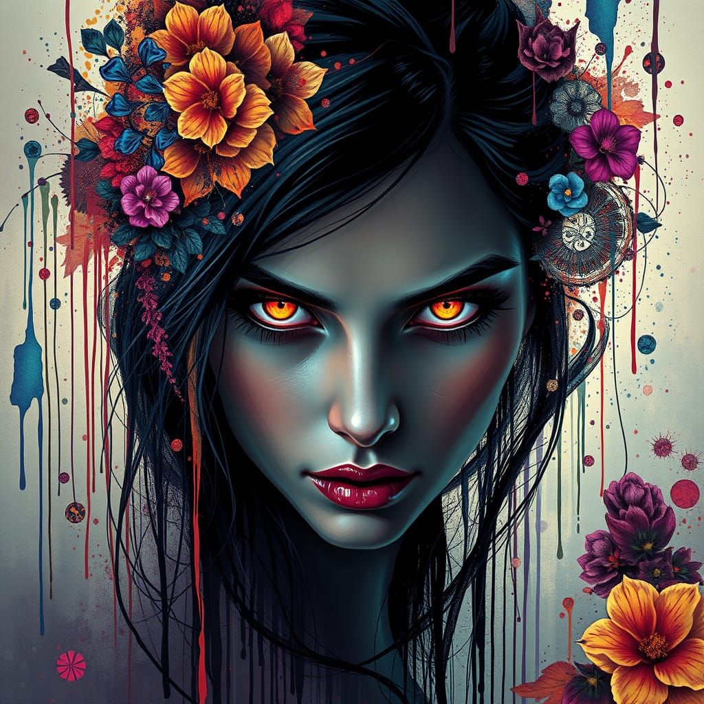 Mysterious woman with glowing eyes in graffiti style