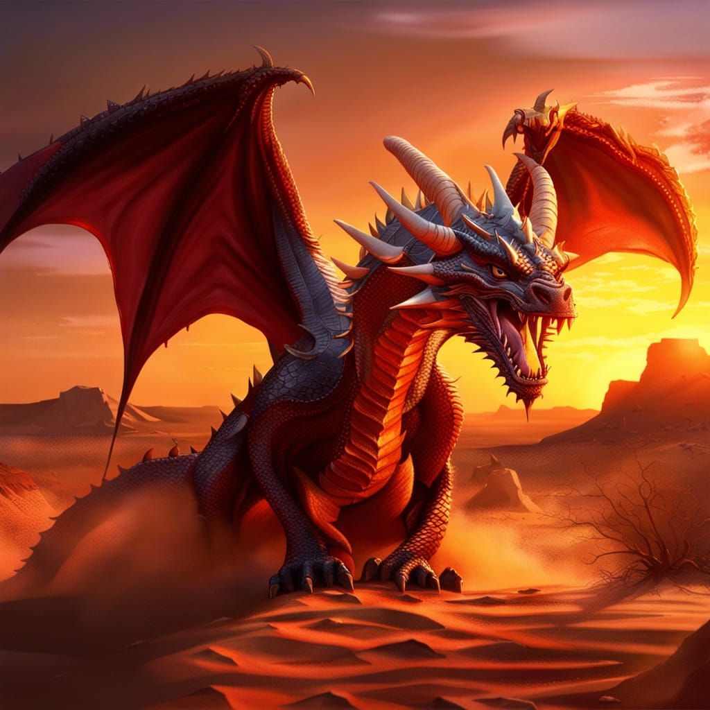 Anime Dragon Roaring at Desert Sunset