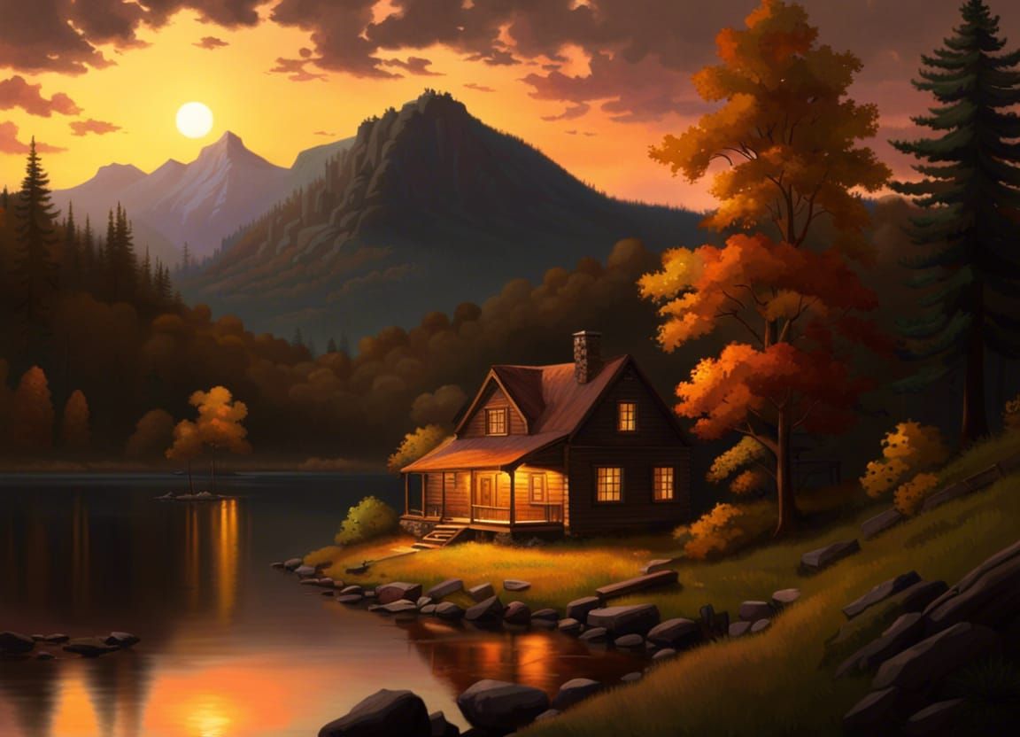 Cozy Cabin in Twilight Landscape Art