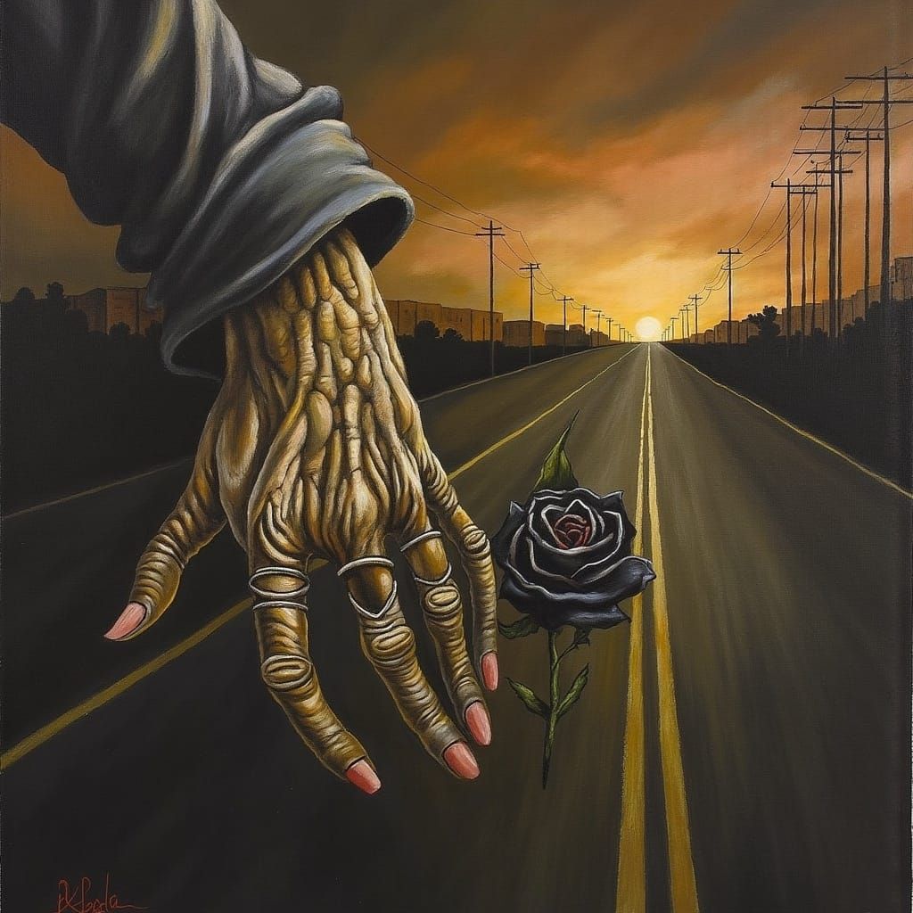 Wrinkled Hand with Black Rose in Gothic Horror