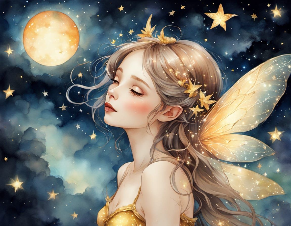 Fairy Gazing at Twinkling Stars in Watercolor Style