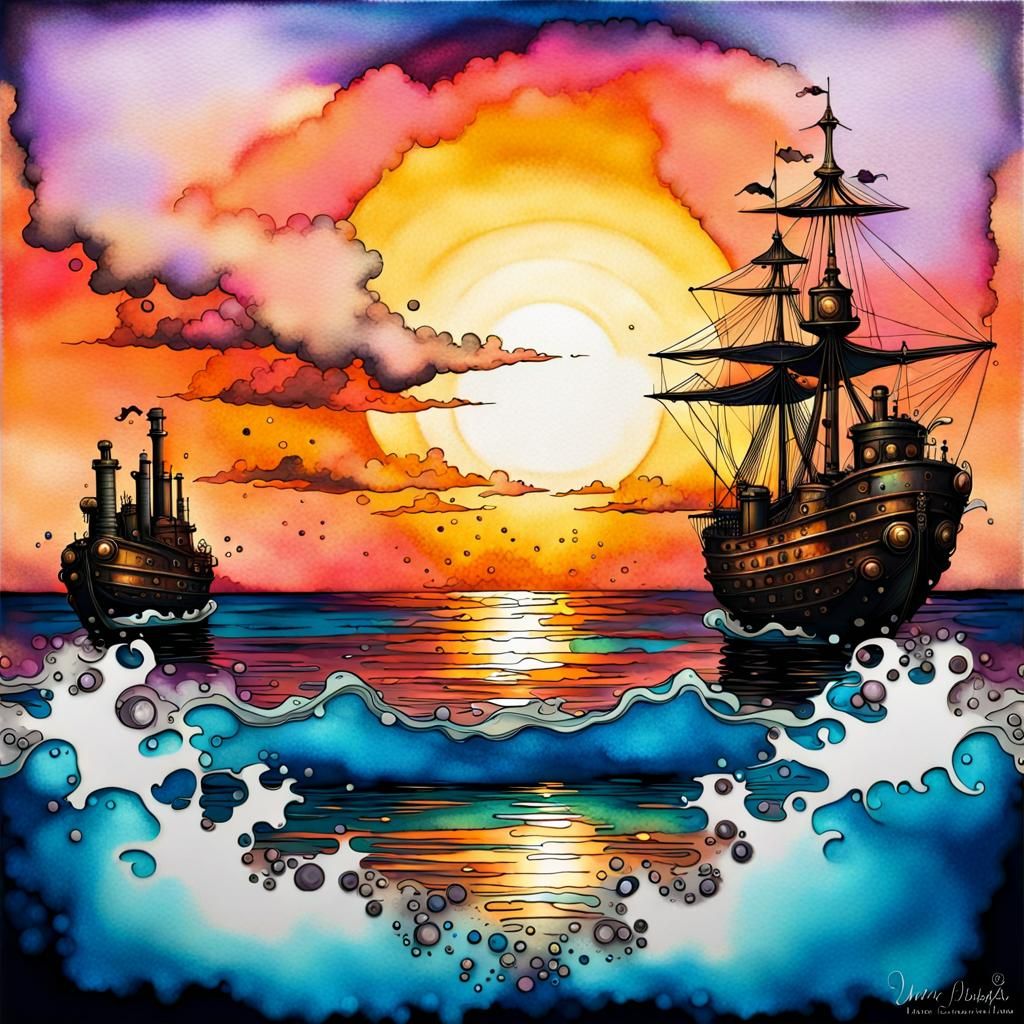 Steampunk Iridescent Seascape Sunset with Ink Splash
