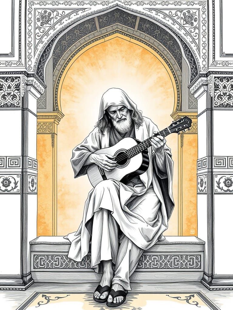 A serene and wise figure sits on an arch in a Moorish palace, playing a classical guitar with delicate fingers, set agai...