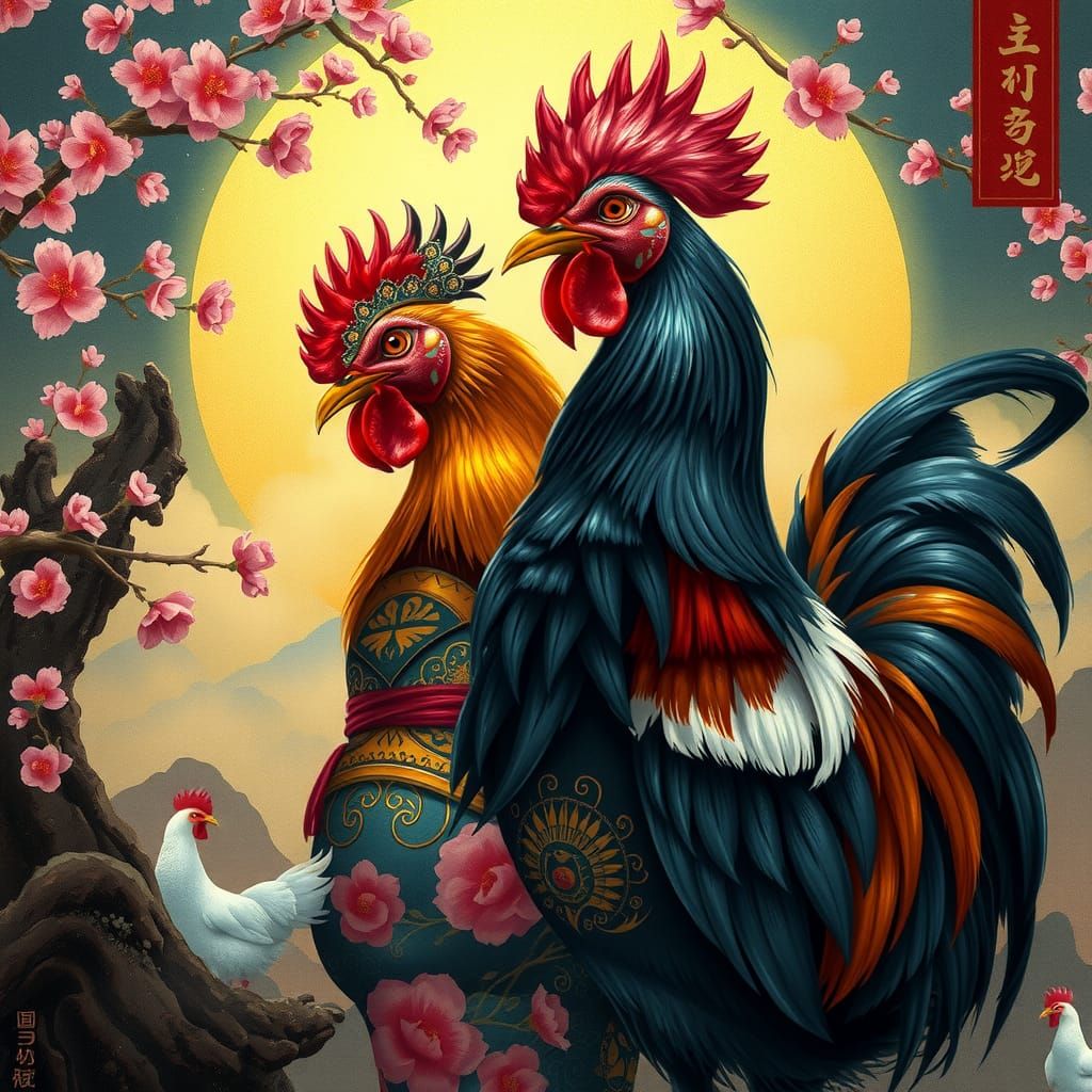 Chicken Couple in Ukiyo-e Style with Cherry Blossoms