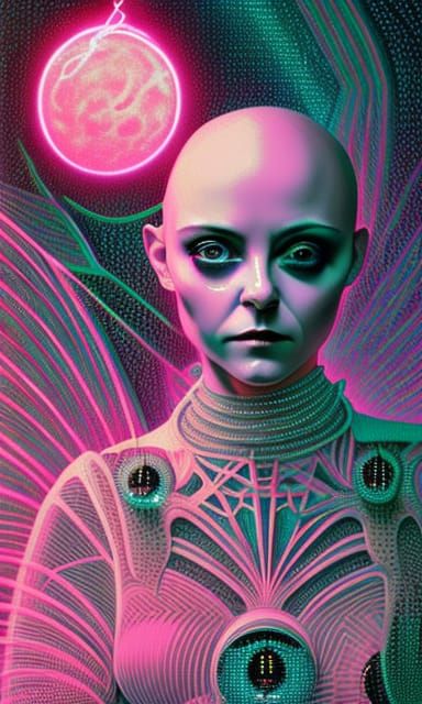 Cyberpunk Tarot Card on Neon Pink Paper with Moon Frame