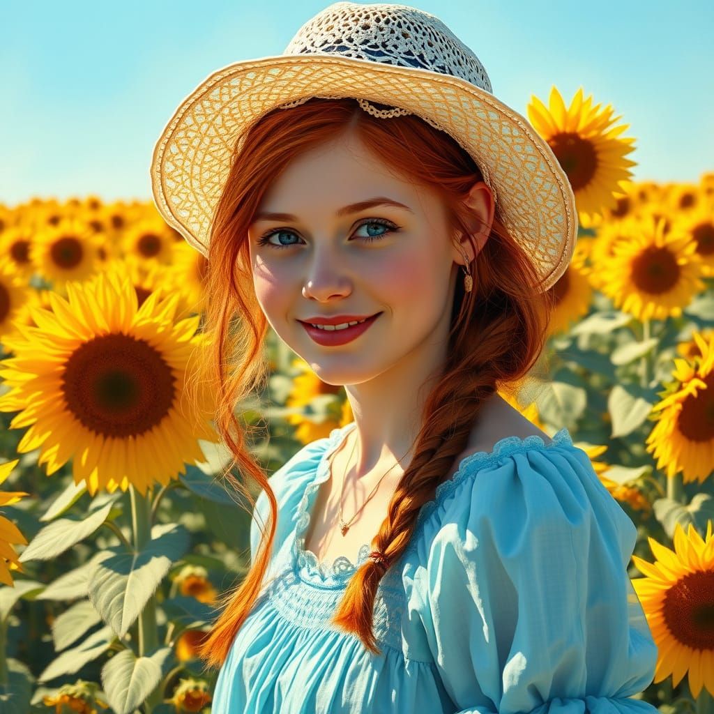 Surreal Landscape with Young Woman in Sunflowers