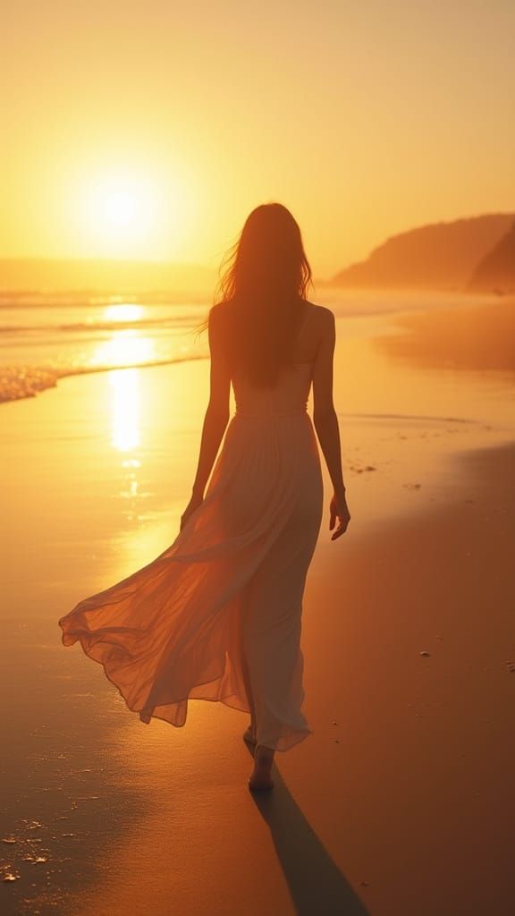 Ethereal Beach Goddess in Sunset Glow